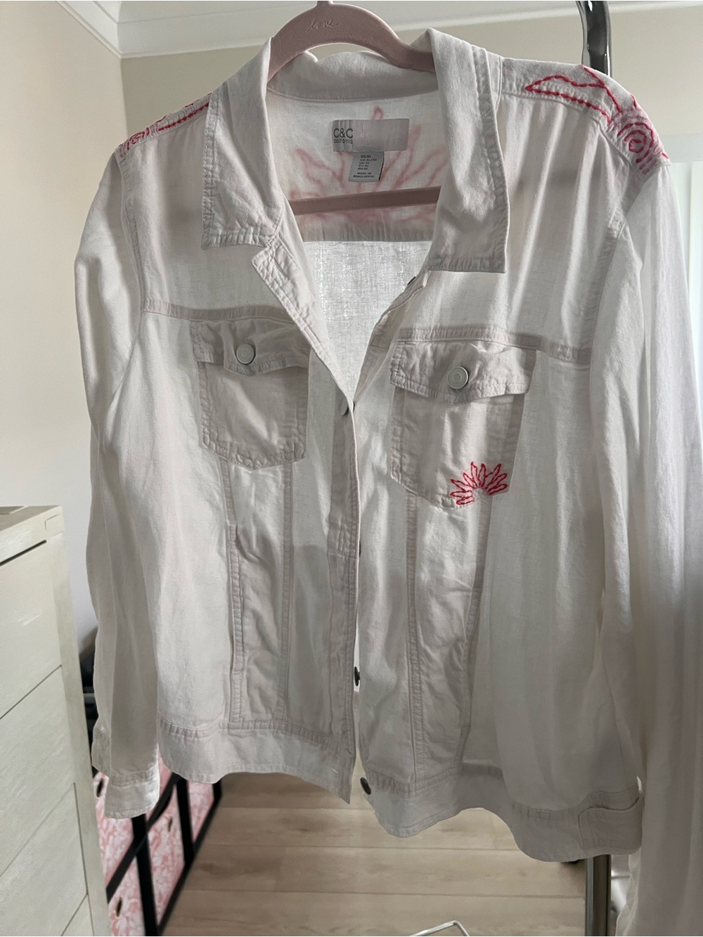 C&C California White Lightweight Jacket with Pink Embroidery